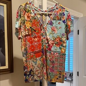 Johnny Was Floral Patchwork V-Neck Short Sleeve Top in Coral & Aqua